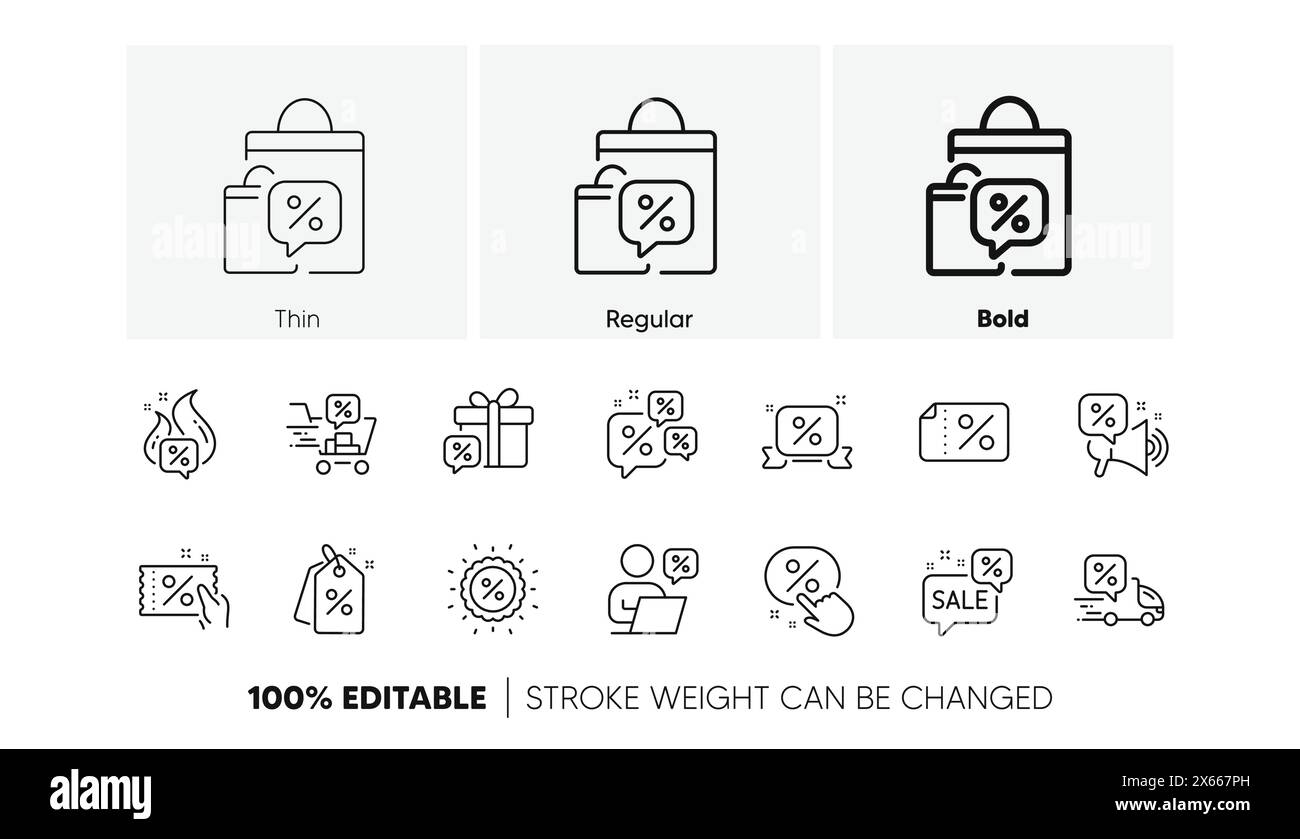 Positionssymbole für Rabatte. Verkaufsgutschein, Schild für Aktionsangebot, Preisschild für Rabatt. Zeilensymbole. Vektor Stock Vektor