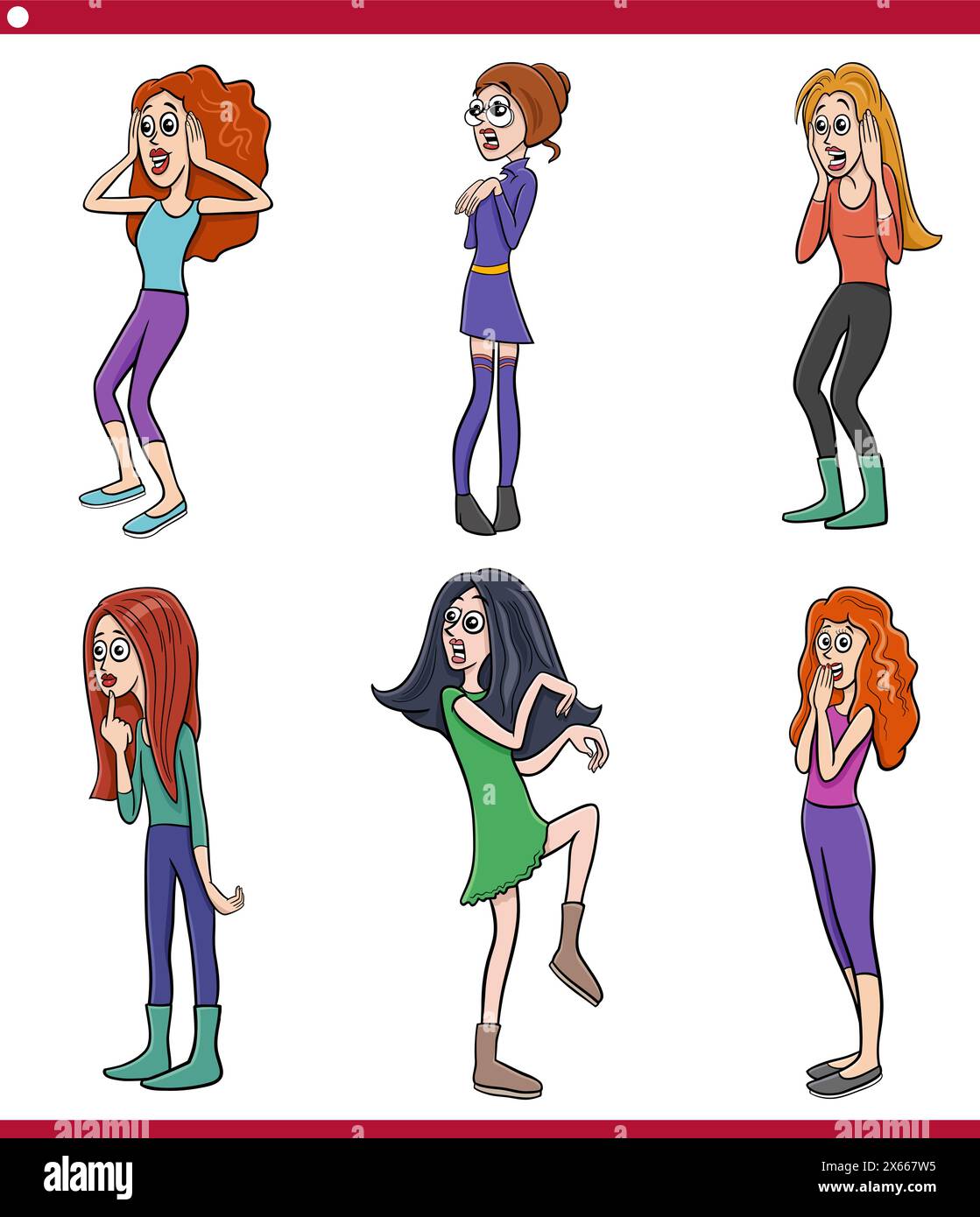 Zeichentrickillustration von lustig überraschten jungen Frauen Charaktere Karikatur Set Stock Vektor
