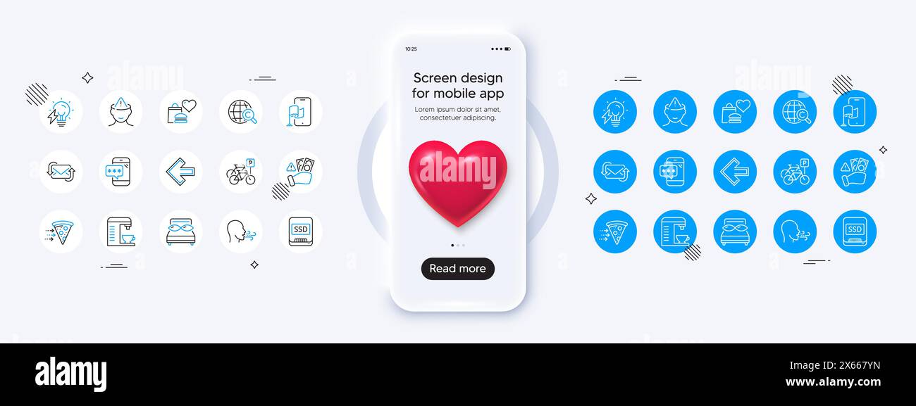 Nach-links-Pfeil, Kissen und Symbole für die Atemübungslinie. Für Web-App drucken. Modell des Telefons mit 3D-Herz-Symbol. Vektor Stock Vektor