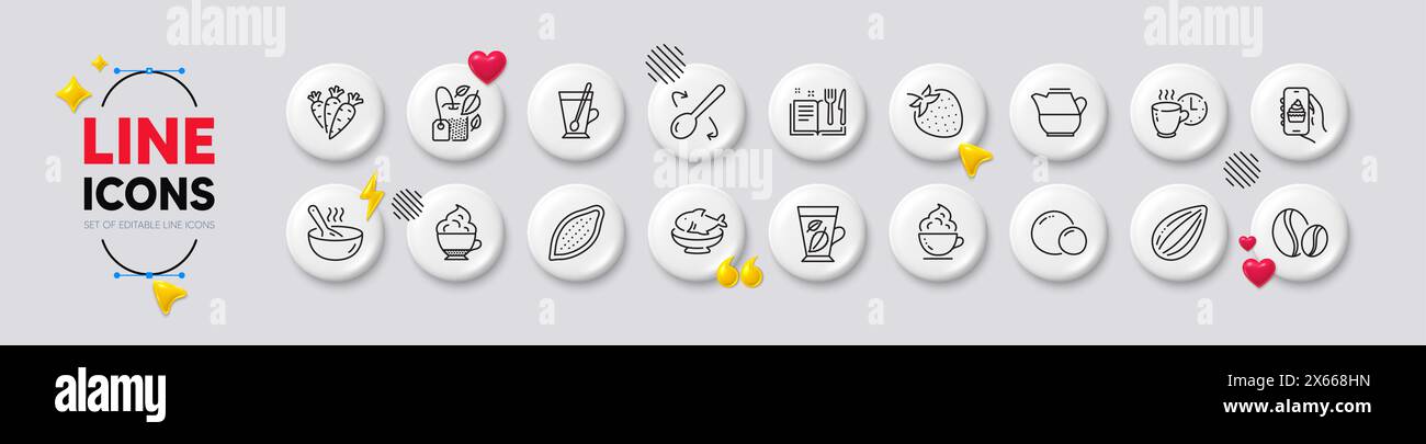 Symbole für Koch-, Teetasse- und Kaffeetassen. Für Web-App drucken. Weiße Tasten 3D-Symbole. Vektor Stock Vektor