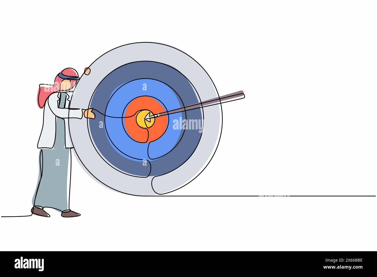 Eine einzelne durchgehende Linienzeichnung arabischer Geschäftsmann umarmt und steht neben einem Kreis aus rotem Ziel, Pfeil, der das Ziel in der Mitte trifft, analysiert das Ergebnis von Stock Vektor