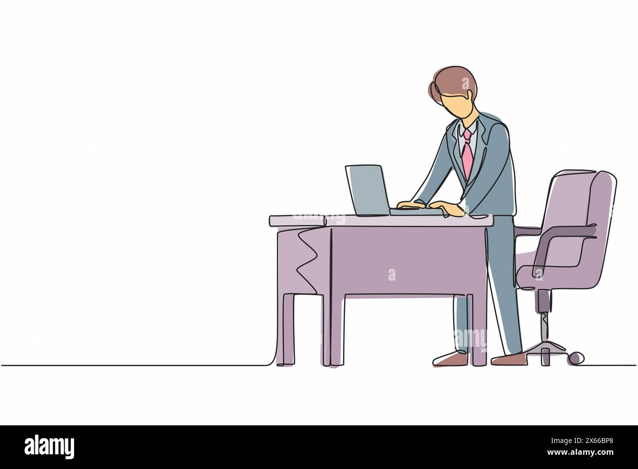 Ein einzeiliger Zeichner Mitarbeiter, der an einem ergonomischen Arbeitsplatz arbeitet. Büromöbel mit Computer und Laptop. Mann steht auf Fußstütze hinter DE Stock Vektor