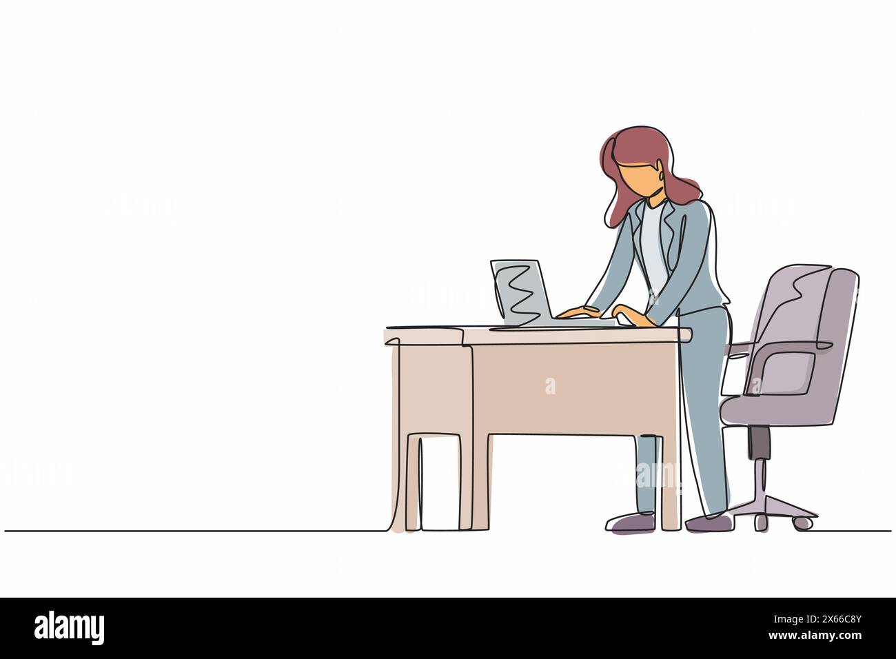 Einzelne, durchgehende Linienzieherin, die an einem ergonomischen Arbeitsplatz arbeitet. Büromöbel mit Computer und Laptop. Weibliche stehend auf Fuss re Stock Vektor