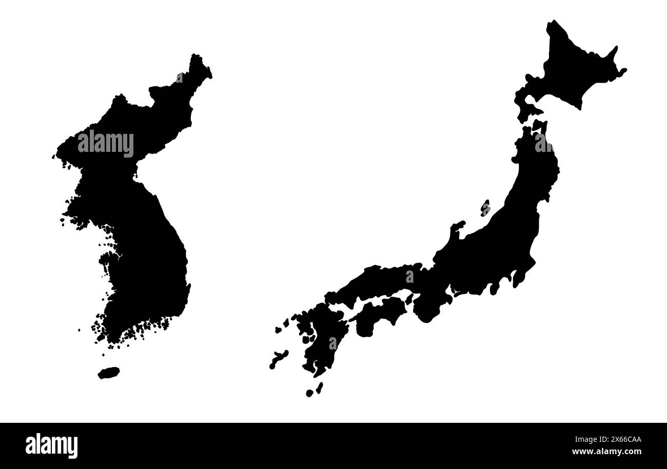 Schwarze Silhouettenzeichnung von Japan und Korea. Kartendarstellung ostasiatischer Länder. Stockfoto