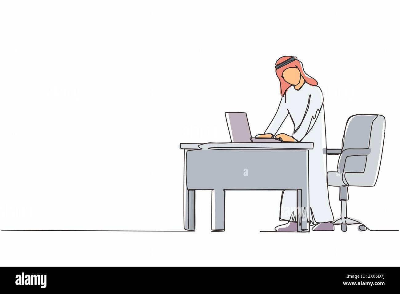 Durchgehende einzeilige Zeichnung arabischer Mann Mitarbeiter, der an ergonomischen Arbeitsplätzen arbeitet. Büromöbel mit Computer, Laptop. Mann auf Fußstütze stehend b Stock Vektor