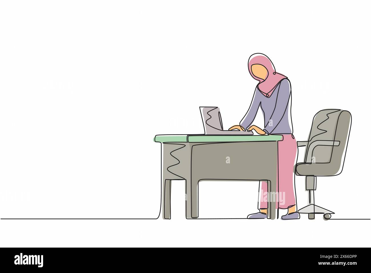 Frau, die an einem ergonomischen Arbeitsplatz arbeitet, mit einer Linie zeichnet. Büromöbel mit Computer und Laptop. Arabische Frau, die auf der Fußstütze steht Stock Vektor