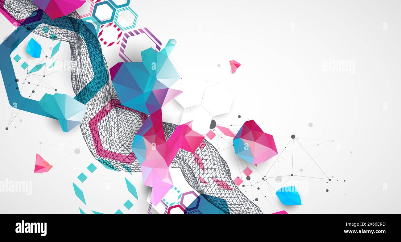 Abstrakte Drahtmodellwelle mit bunten Sechsecken und Plexus-Effekt. Wissenschaftlicher und technologischer Hintergrund. Vektor. Stock Vektor