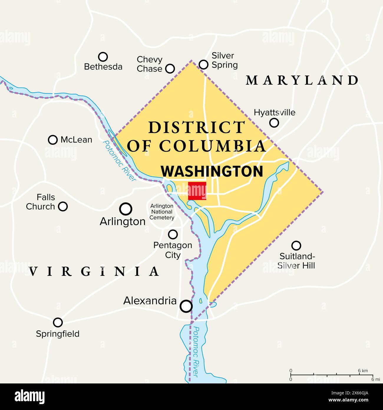 Washington, D.C., politische Karte. District of Columbia, Hauptstadt und Bundesbezirk der Vereinigten Staaten. Gelegen am Potomac River. Stockfoto