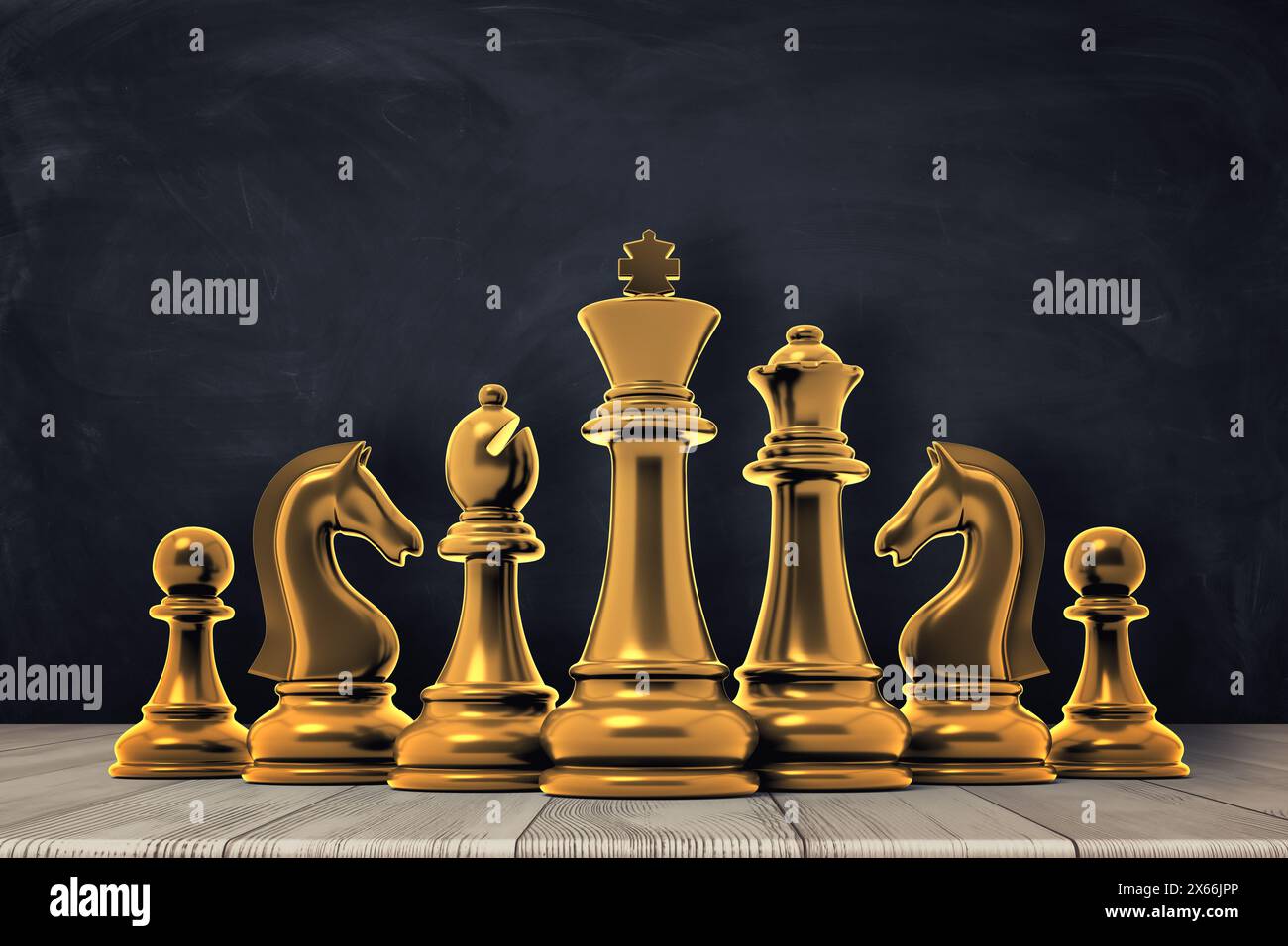 Markante goldene Schachfiguren auf dunklem Brett Stockfoto
