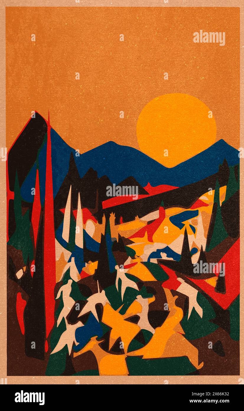 Eine Illustration einer Bergszene mit der Sonne im Hintergrund mit Kopierraum für Text, Reiseposter, flache Formen, hoch in den Bergen, poste Stockfoto
