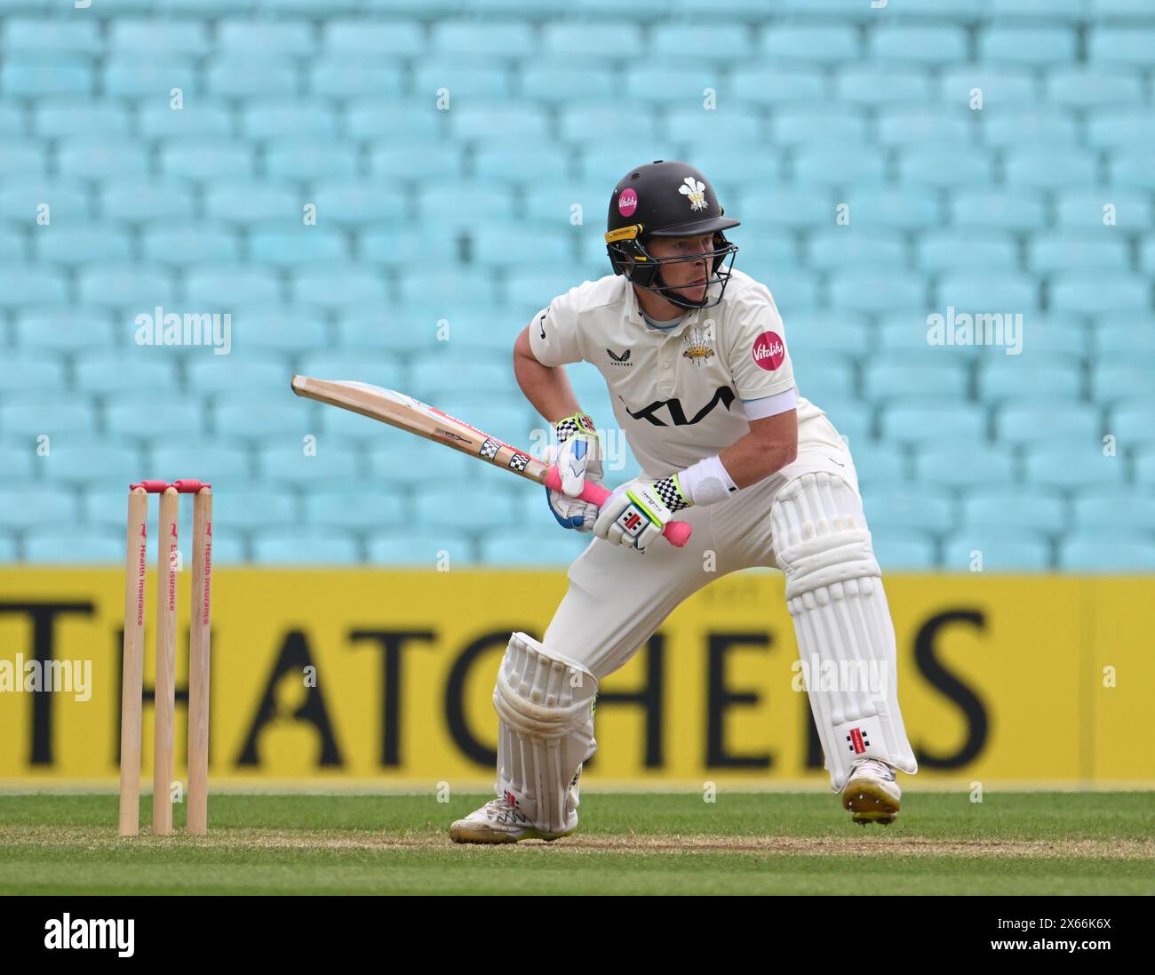 Oval, England. Mai 2024. Ollie Pope vom Surrey County Cricket Club schlägt am letzten Tag des Vitality County Championship Matches zwischen Surrey CCC und Warwickshire CCC. Credit: Nigel Bramley/Alamy Live News Stockfoto