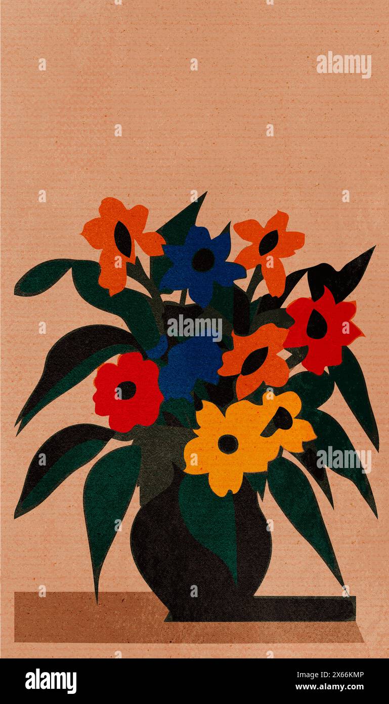Eine Illustration von Blumen in einer Vase auf einem Tisch, Posterstil der 1960er Jahre, Kopierraum für Text, Postervorlage, Buchumschlag. Stockfoto