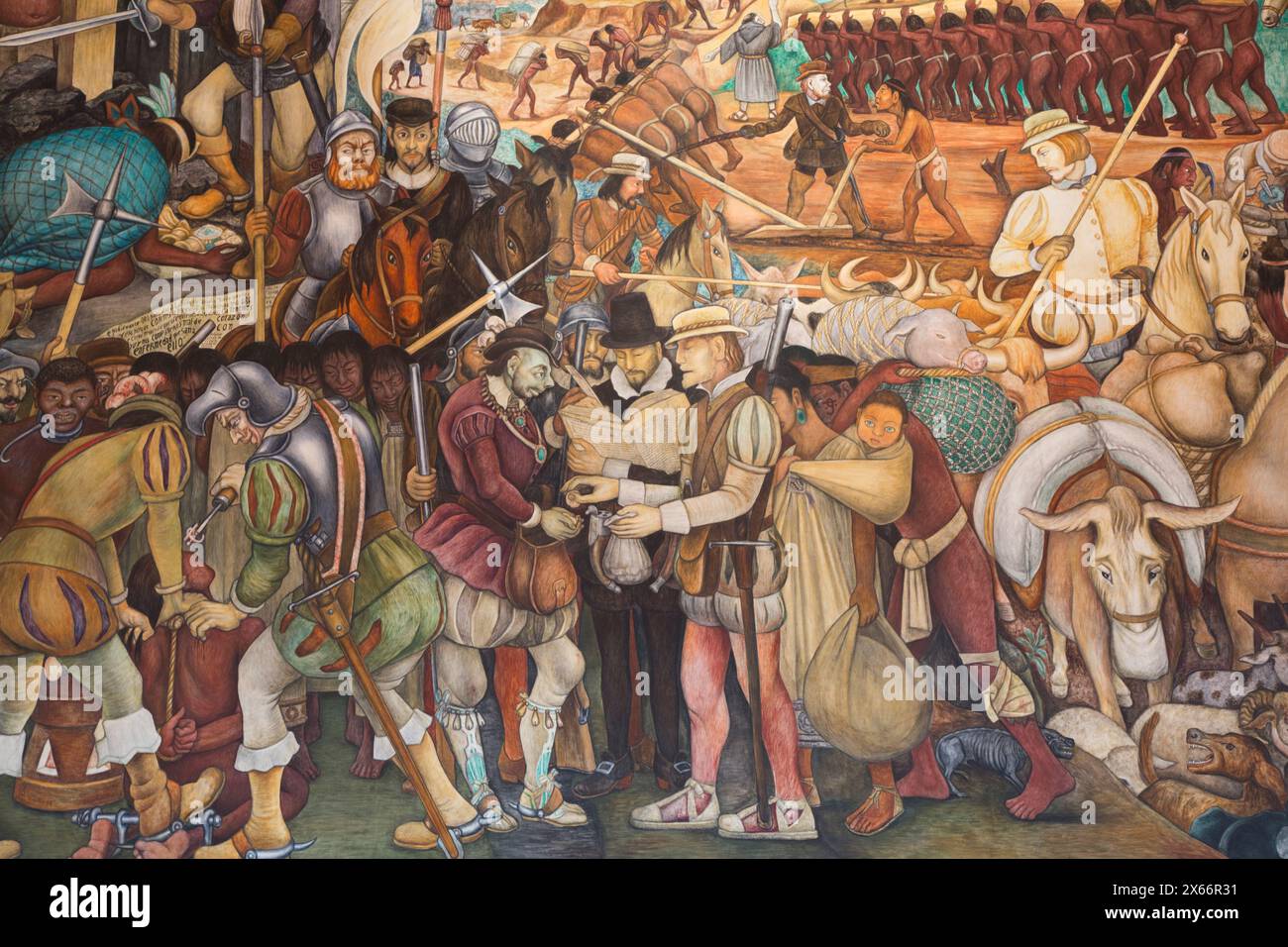 Corridor Fresco, 'Arrival of Hernan Cortes in Veracruz', von Diego Rivera, 1951, Palacio Nacional de Mexico, Mexico City, Mexiko Stockfoto
