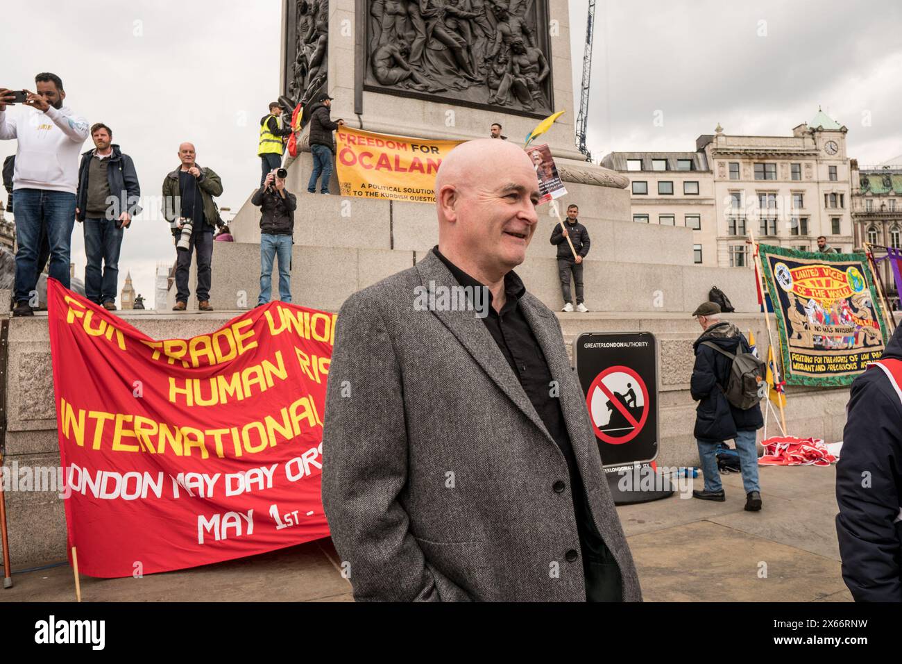 Mick Lynch bei der Maikundgebung am Trafalgar Square London am 1. Mai 2024, marsch von Clerkenwell nach Trafalgar Square Stockfoto