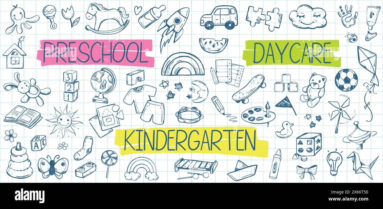 Kindergarten-Kritzelsymbole auf kariertem Papierhintergrund. Kindertagesstätte. Kinder-Bildungslinie Kunst, Schulartikel. Kinder handgezeichnete Spielzeuge und Tiere auf einem Notizblatt. Nahtloses Babymuster. Stock Vektor
