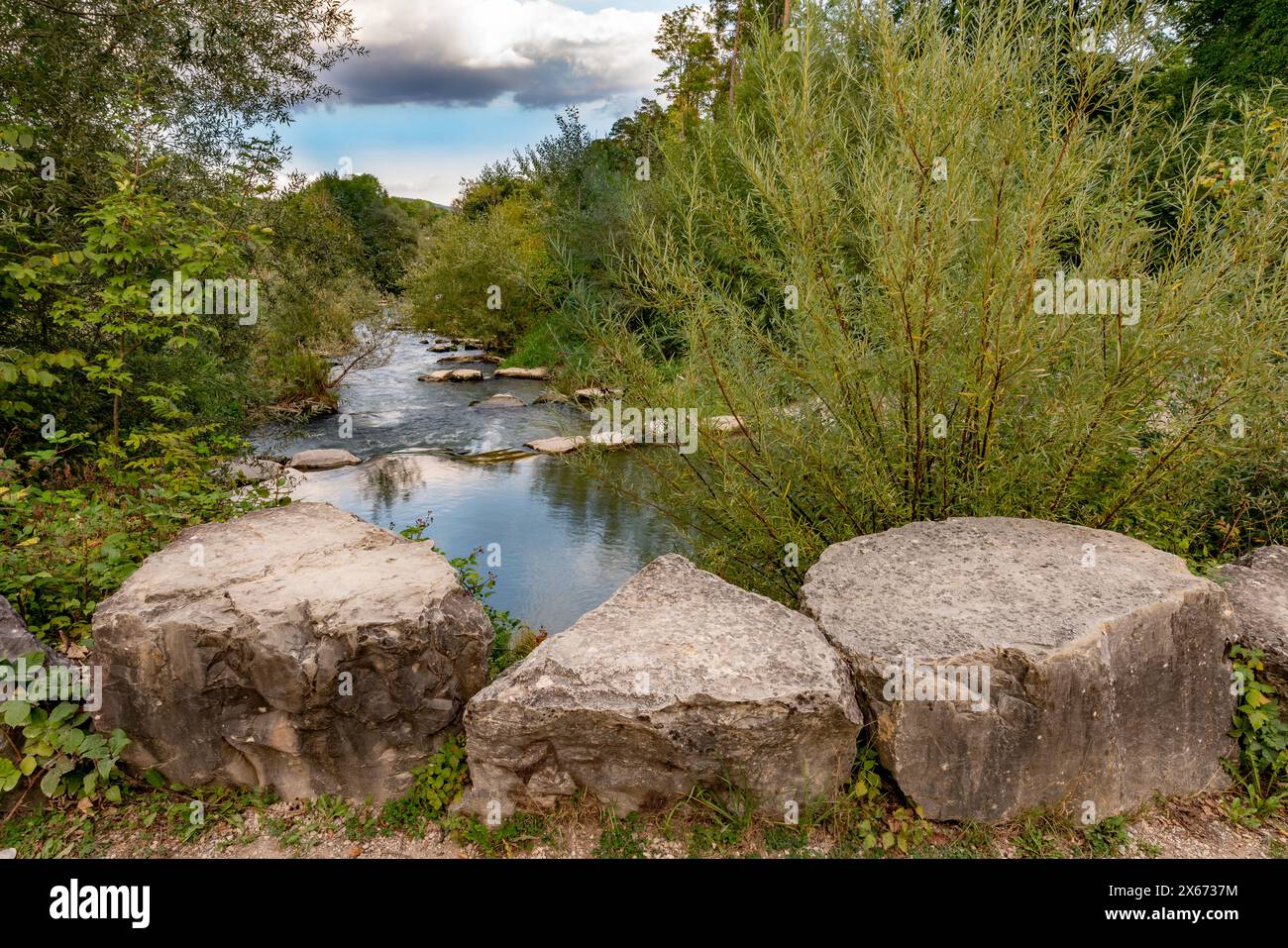 Drei Steine an einem Bach, der durch die Wildnis führt, mit Bäumen, Büschen und viel Vegetation. Ein paar Wolken am Himmel, die sich im Wasser spiegeln Stockfoto