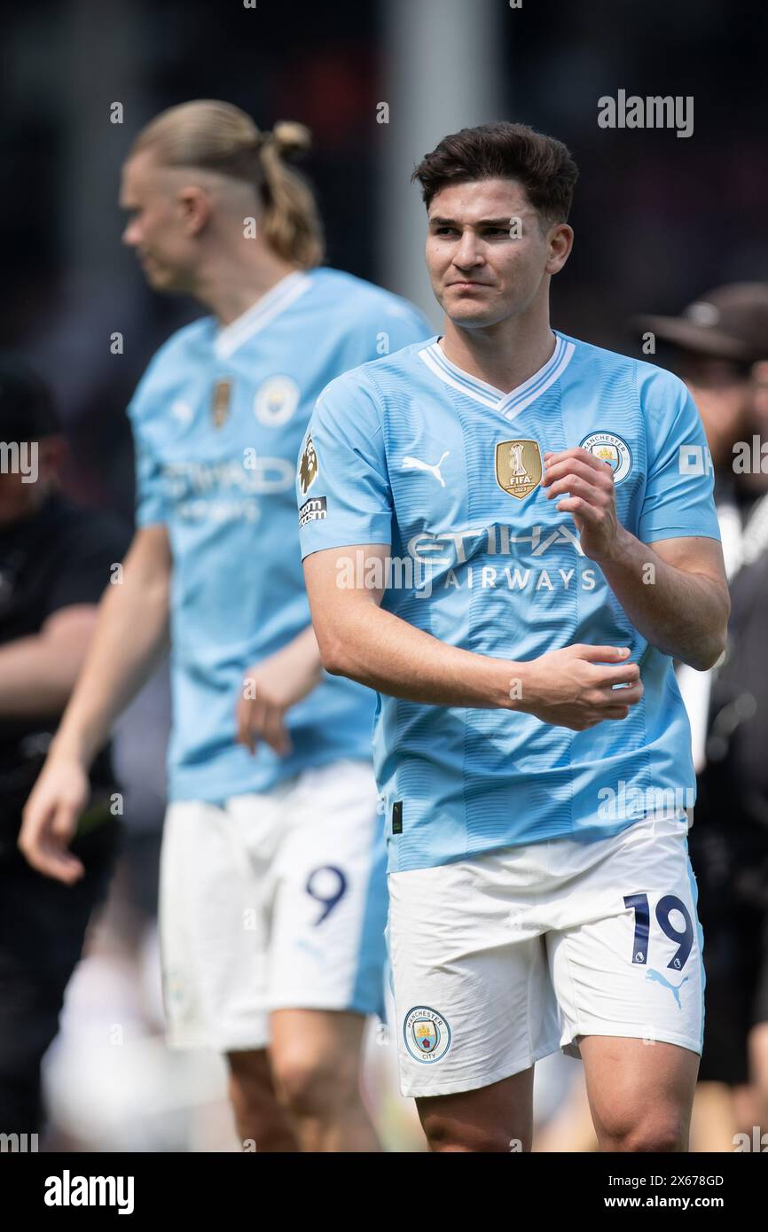 Julian Alvarez von Manchester City während des Premier League-Spiels zwischen Fulham und Manchester City im Craven Cottage, London am Samstag, den 11. Mai 2024. (Foto: Federico Maranesi | MI News) Stockfoto