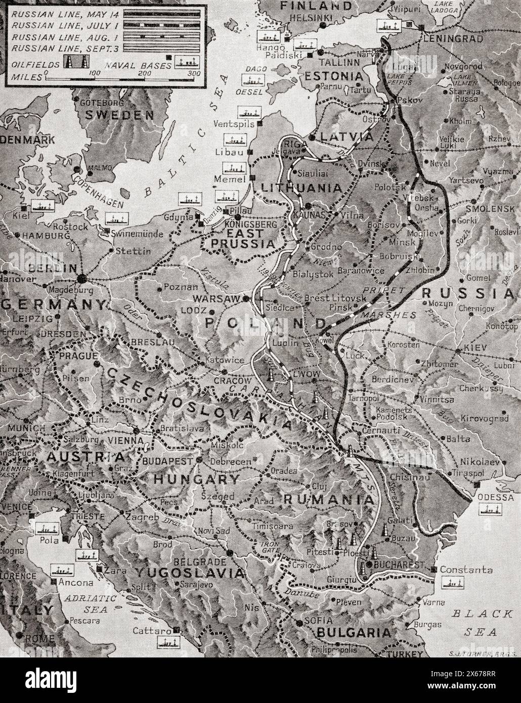 Karte, die den Vormarsch der russischen Armee in ihrem Bemühen zeigt, den Feind auszulöschen, August 1944. Aus dem Krieg in Bildern, fünftes Jahr. Stockfoto
