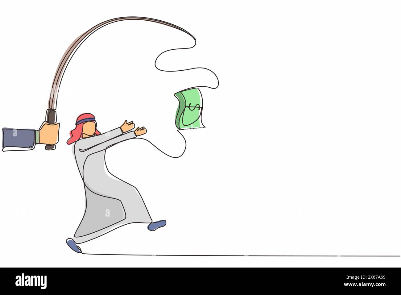 Durchgehende eine Linie, die Hand zieht mit Angelrute und Dollar-Bargeldkontrolle gieriger arabischer Geschäftsmann unter Hypnose. Ein Mann, der hinter dem Dollarschwingen her ist, Stock Vektor