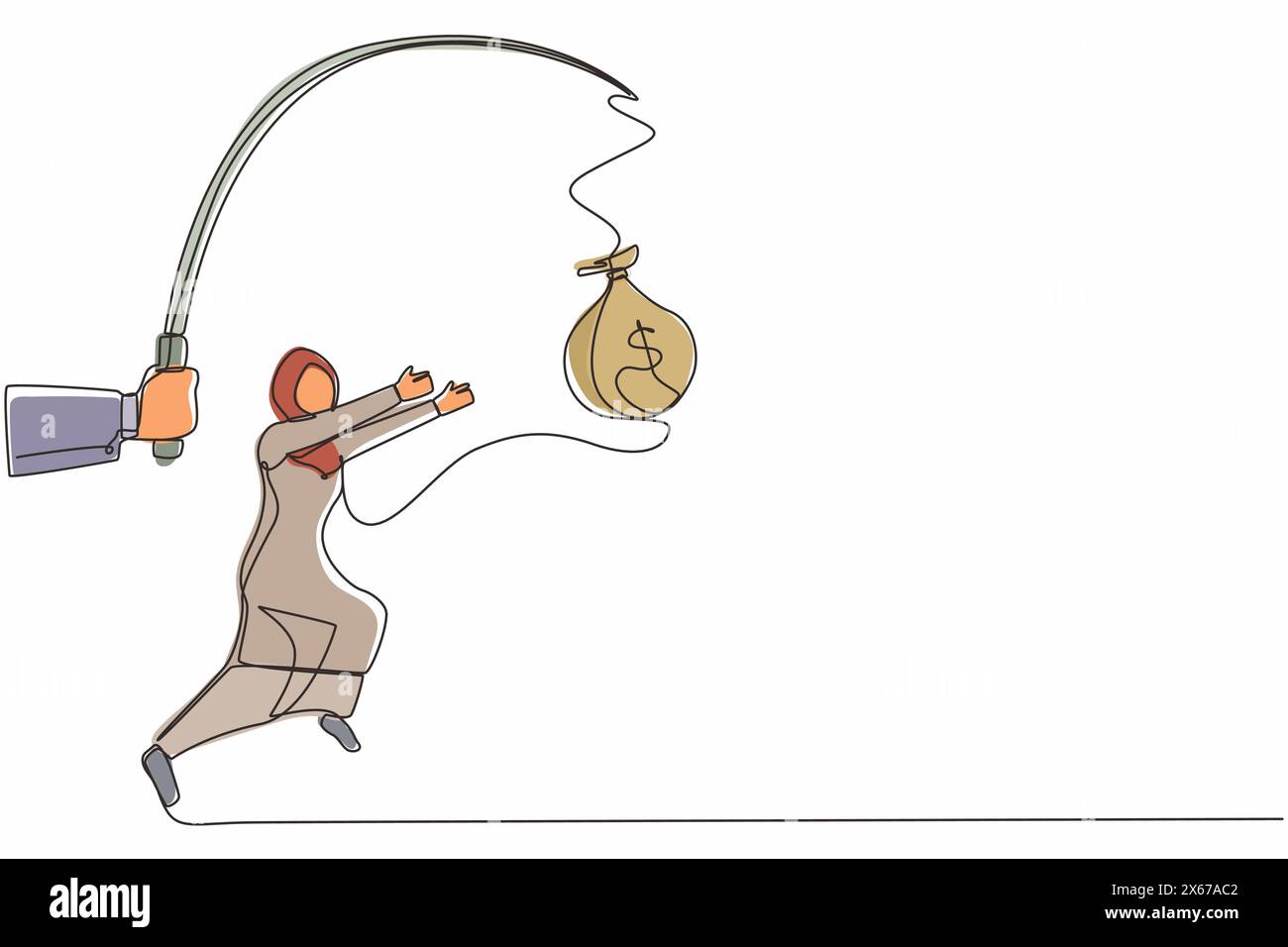 Durchgehende eine Linie, die Hand mit Angelstange und Geldbeutel zieht, kontrolliert gierige arabische Geschäftsfrau unter Hypnose. Eine Frau, die hinter Geld her ist Stock Vektor