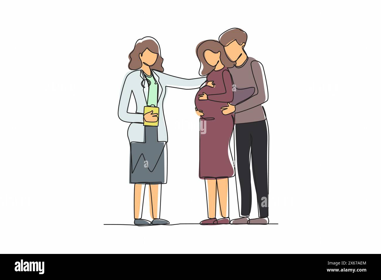 Ununterbrochene einzeilige pränatale Medizin. Süße schwangere Frau mit Mann und Ärztin. Mediziner in Uniform. Beratung, Empfehlung Stock Vektor