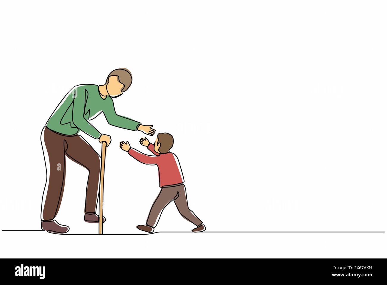 Eine einzelne durchgehende Linie zeichnet einen glücklichen kleinen Jungen, der seinen Großvater umarmt. Enkel besucht Großeltern. Senior-Mann begrüßt Enkelkind in Hom Stock Vektor