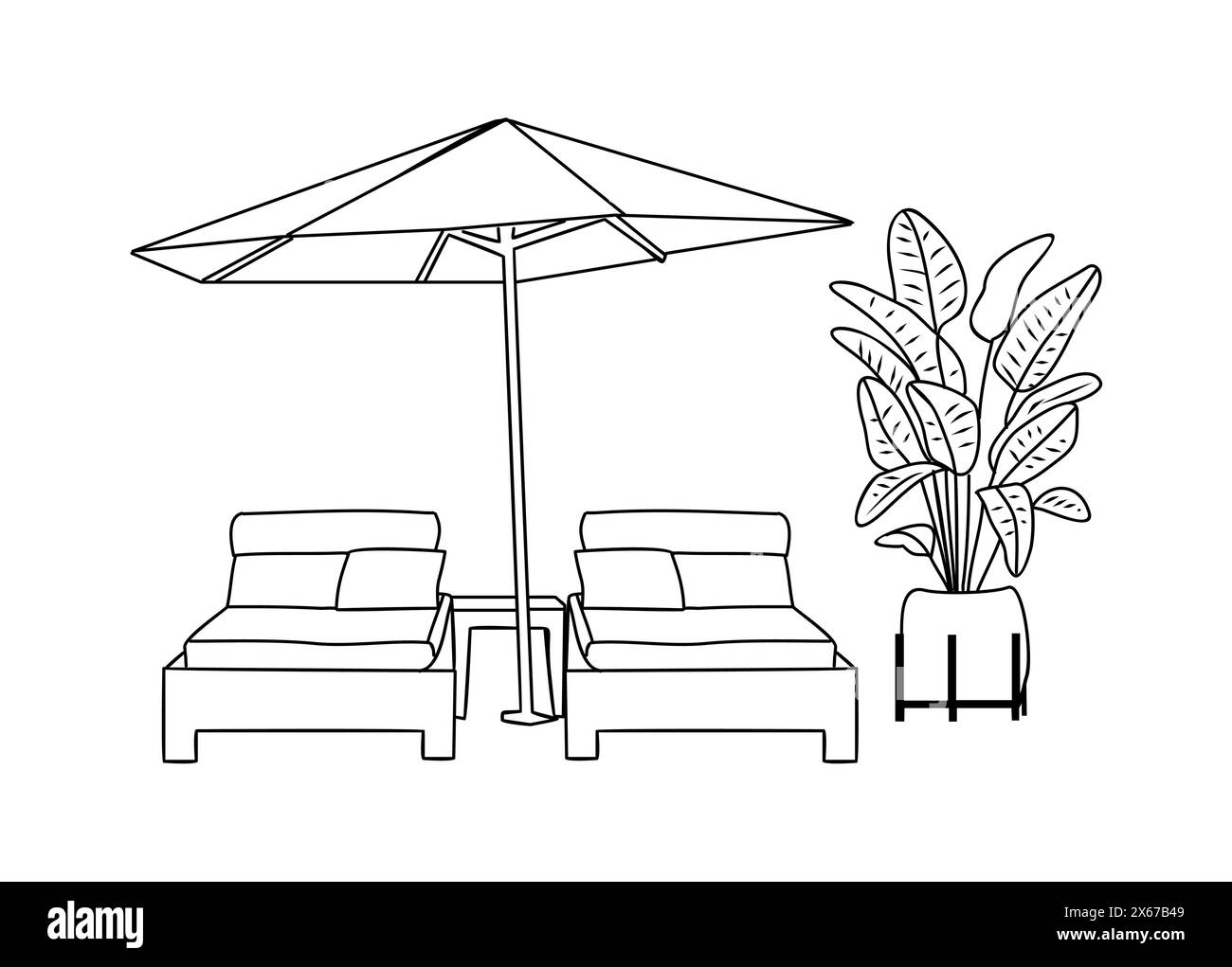 Sonnenschirm am Sommer, Sonnenliegen und Pflanzen Stock Vektor
