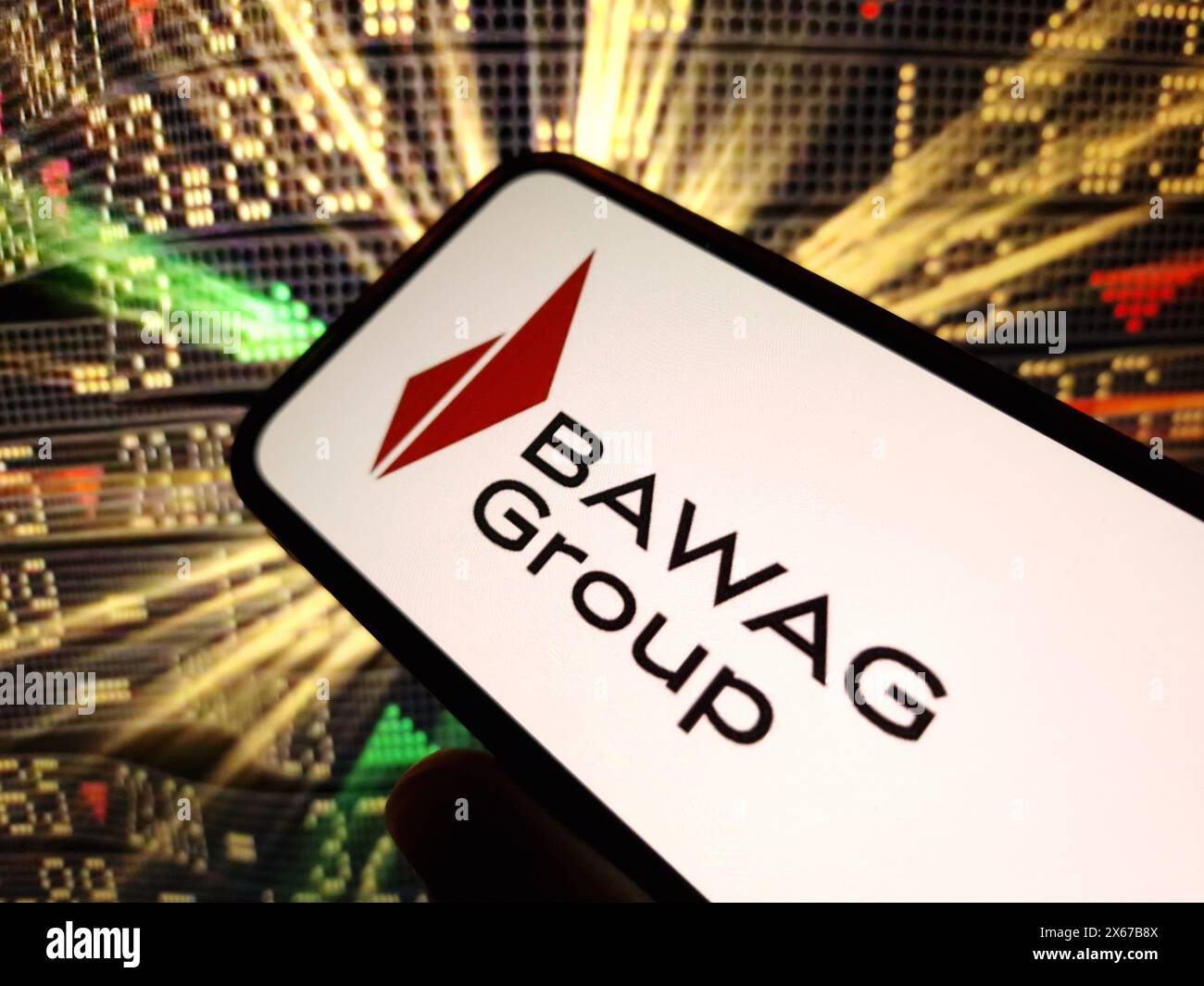 Konskie, Polen - 12. Mai 2024: Firmenlogo der BAWAG Group auf dem Mobiltelefon Stockfoto