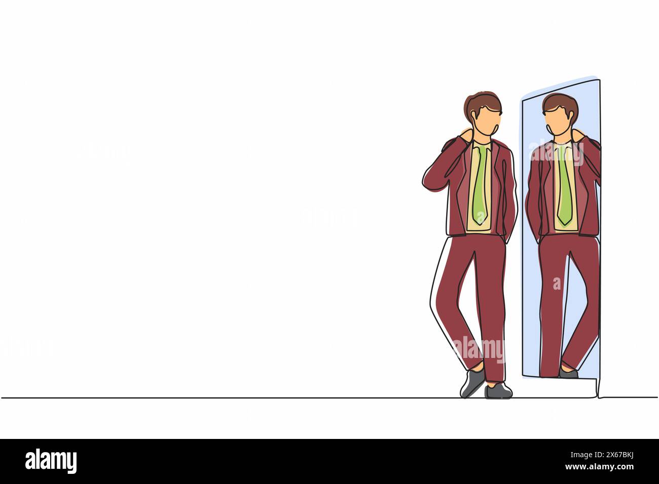 Einzelne durchgehende Linienzeichnung Geschäftsmann Charakter, der Anzug für Geschäftstreffen wählt. Ein Mann, der zu Hause Kleidung anprobiert. Mann mit Stil. Spiegeln mit mA Stock Vektor