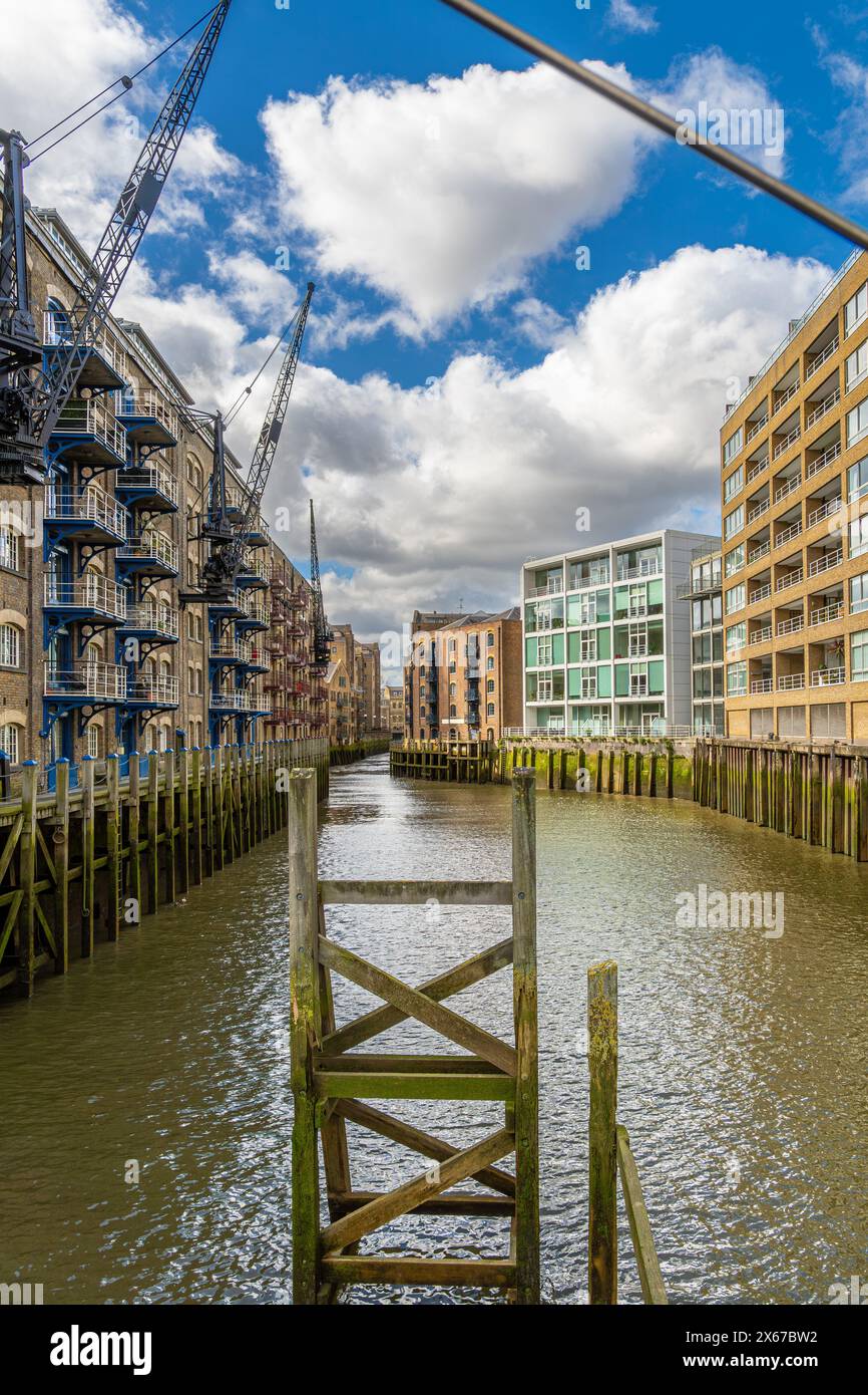 Ehemalige historische Lagerhäuser, die heute in Wohnhäuser umgebaut wurden, die die Themse säumen, wie ein Kanal mit grünem Schlamm und Moos von Ebbe in den Docklands Stockfoto