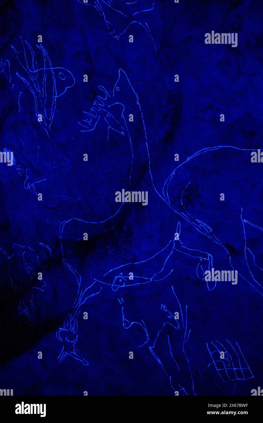 Besichtigungstour durch Lascaux IV, die letzte vollständige Nachbildung der Lascaux-Höhle, eine geschmückte Höhle aus der oberpaläolithischen Zeit, das Symbol der Prähis Stockfoto