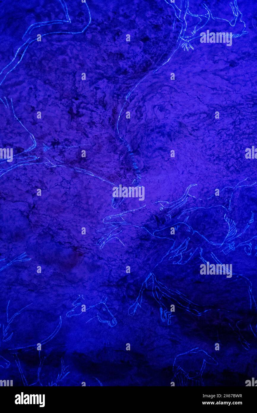 Besichtigungstour durch Lascaux IV, die letzte vollständige Nachbildung der Lascaux-Höhle, eine geschmückte Höhle aus der oberpaläolithischen Zeit, das Symbol der Prähis Stockfoto