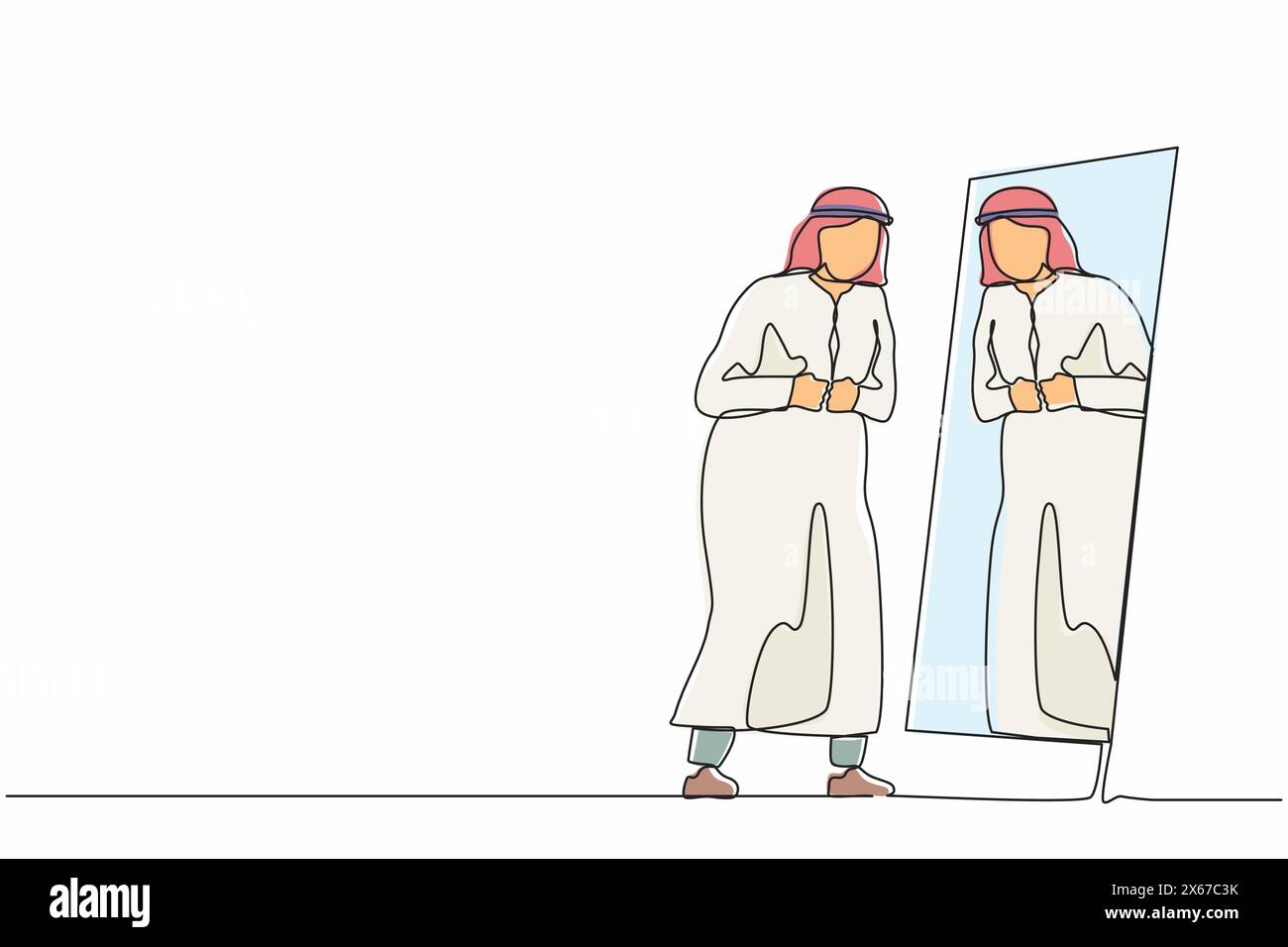 Eine durchgehende Linie zeichnet arabischer Geschäftsmann, der in den Spiegel schaut, sich selbst ansieht, seine arabische Kleidung in formeller Kleidung einstellt, ihn vorbereitet Stock Vektor