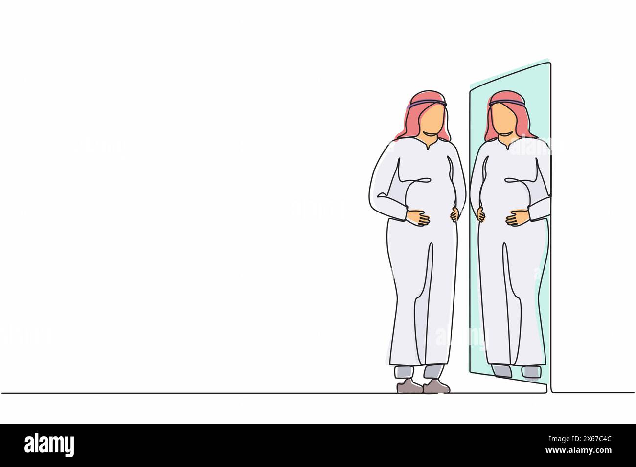 Eine einzelne durchgehende Linie zeichnet einen arabischen Geschäftsmann, der vor dem Spiegel steht und sich selbst mit dem Bauch einen großen Bauch bekommt. Übergröße A Stock Vektor