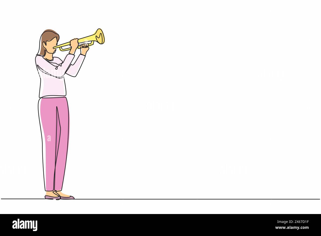 Eine einzelne, eine Linie zeichnende Frau, die Trompete spielt. Instrumentalmusik. Jazzmusiker spielt Trompeteninstrument. Trompetenspieler. Orchestermusiker. Musi Stock Vektor