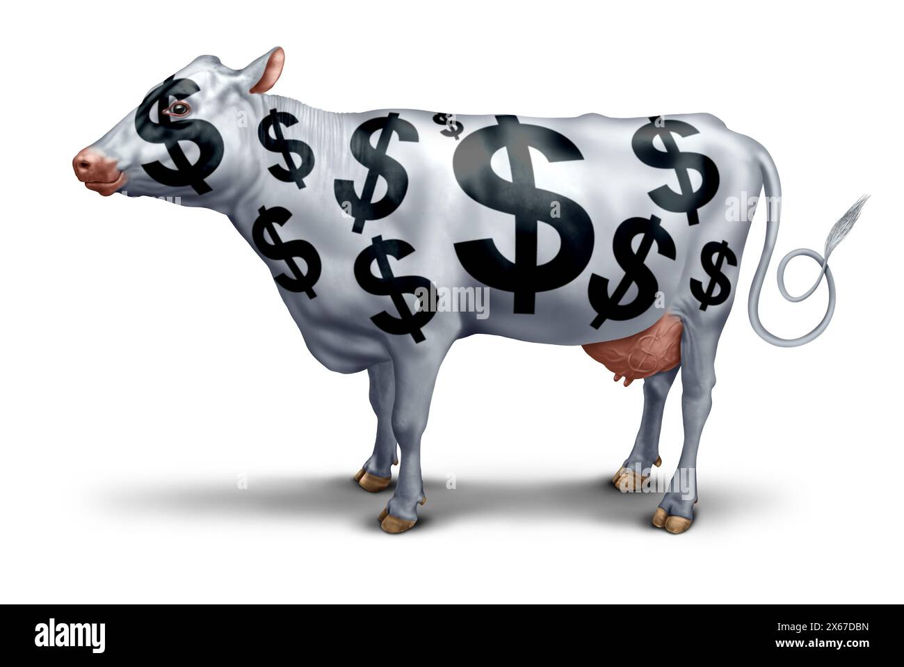 Cash Cow Business Success Symbol für ein profitables Unternehmen oder eine gewinnbringende Dienstleistung, die Gewinne und wachsenden Wohlstand generiert, als Metapher für Rentabilität wie Kühe. Stockfoto