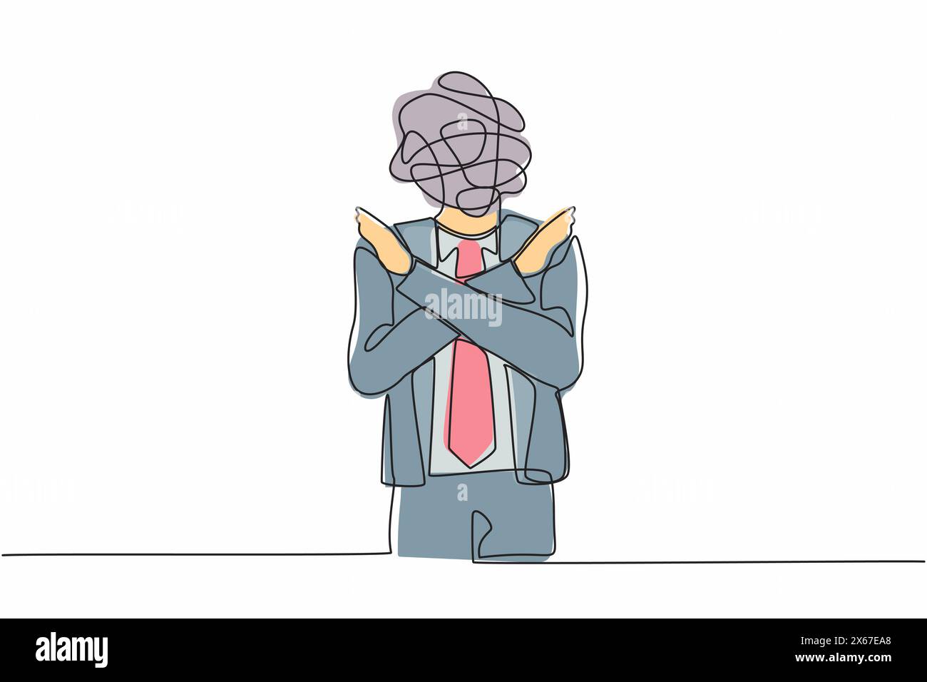 Einzelner Geschäftsmann mit durchgehender Linienzeichnung, mit runden Kritzeleien anstelle eines Kopfes. Büroangestellte, kein Handzeichen oder x-Symbol, Hände kreuzen, rej Stock Vektor