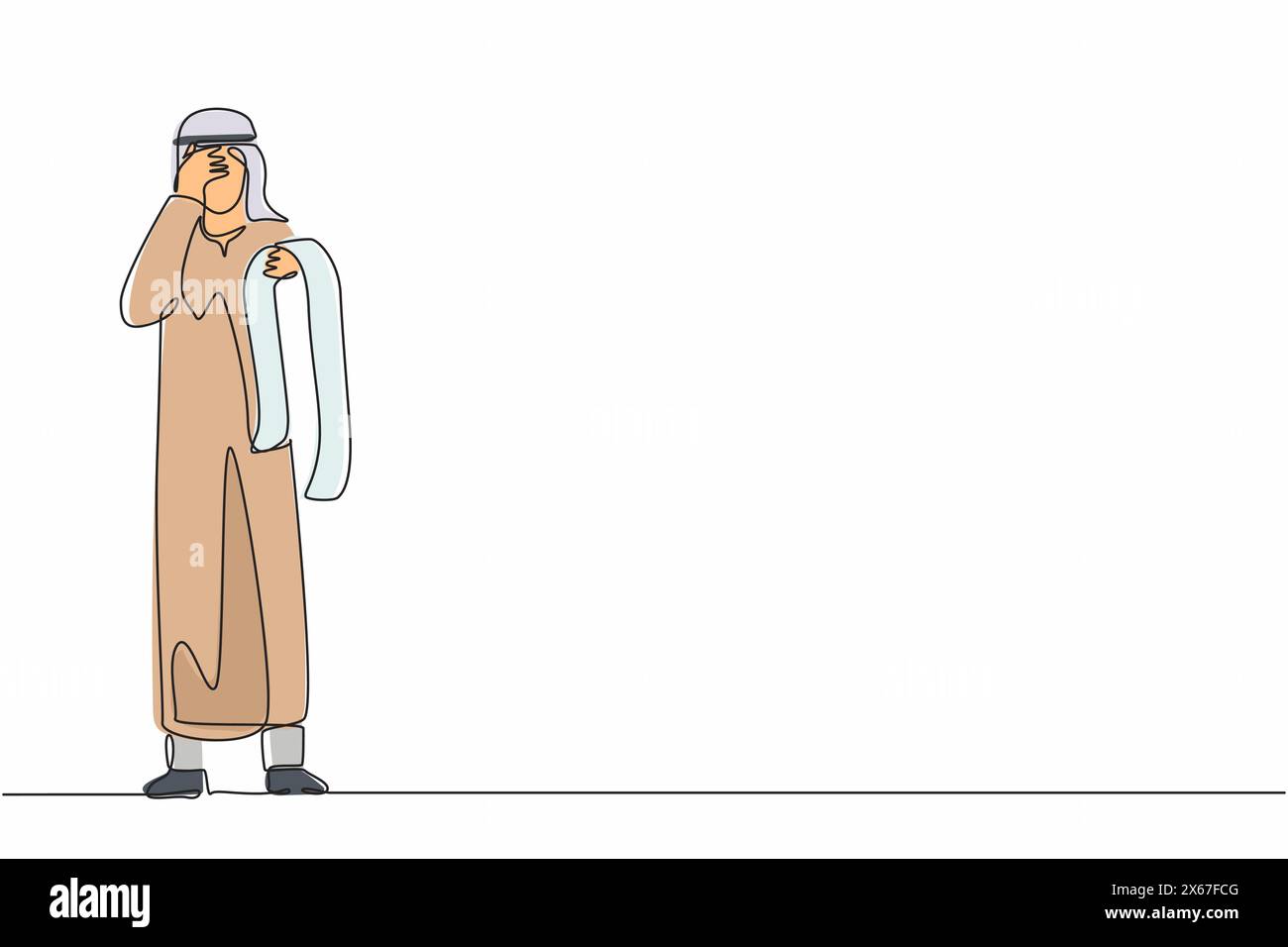 Durchgehend eine Linie mit finanziellen Problemen und Konkurs. Trauriger, depressiver arabischer Geschäftsmann, der darüber nachdenkt, Geld für die Zahlung von Rechnungen zu finden Stock Vektor