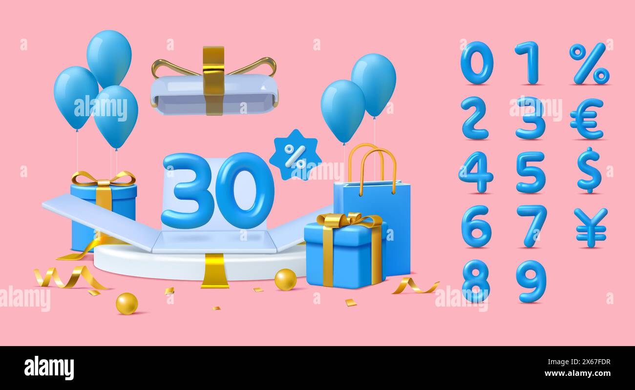 3D-Nummern. Geschenkbox für Feiertage. 10 % Verkauf. Schriftart für Rabatt in Prozent. Podium mit Taschen und Dollarzeichen anzeigen. Preisnachlass-Symbol. Geschenke und Ba rendern Stock Vektor