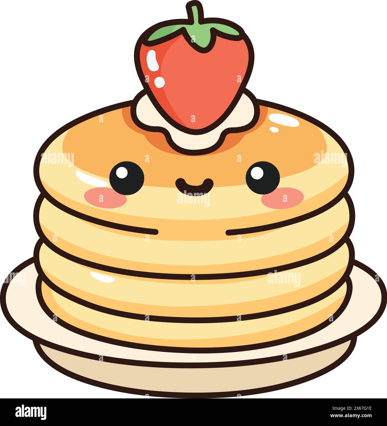 Happy Pancake Stapel mit Erdbeeren und Creme oben, im Kawaii Stil Stock Vektor