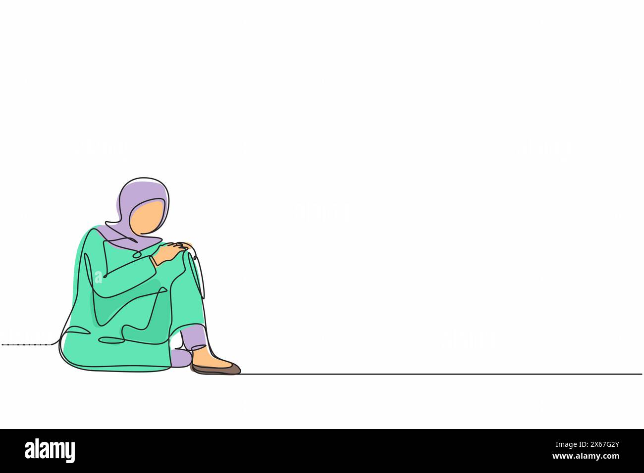 Durchgehende Linie, die eine sehr traurige arabische Geschäftsfrau zeichnet, die allein auf dem Boden sitzt. Depressive junge Frau Störung, traurig, traurig, Enttäuschung Symptom. S Stock Vektor