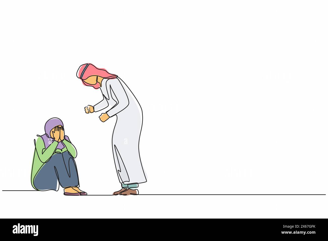 Durchgehende Linie, die verängstigte arabische Frau, Angst vor Ehemann, häuslicher Gewalt, zeichnet. Mann schlägt Ehefrau, streitendes Paar. Emotionale Persönlichkeiten streiten Stock Vektor