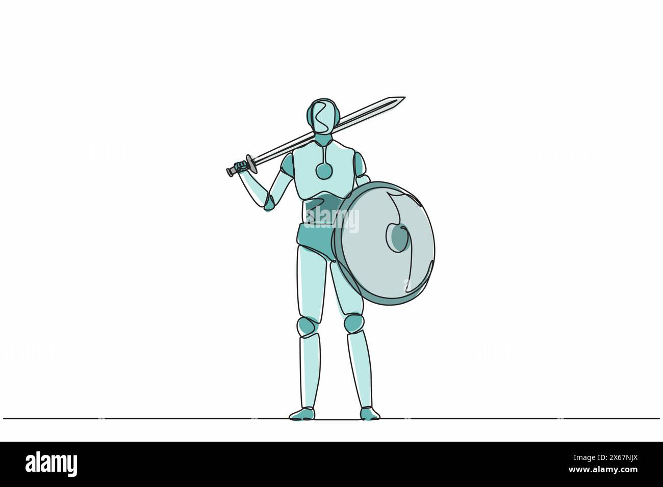 Einzelne, durchgehende Linienziehroboter, die Schwert und Schild halten. Moderne Robotik-Technologie für künstliche Intelligenz. Elektroniktechnik Stock Vektor