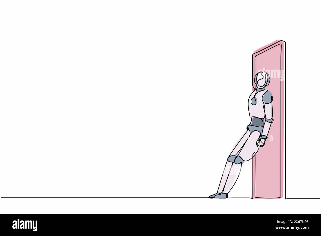 Kontinuierliche, einzeilige Zeichenroboter stehen und schieben die Tür mit ihrem Rücken. Humanoider Roboter-kybernetischer Organismus. Entwicklungskonzept für die Zukunft der Robotik. S Stock Vektor