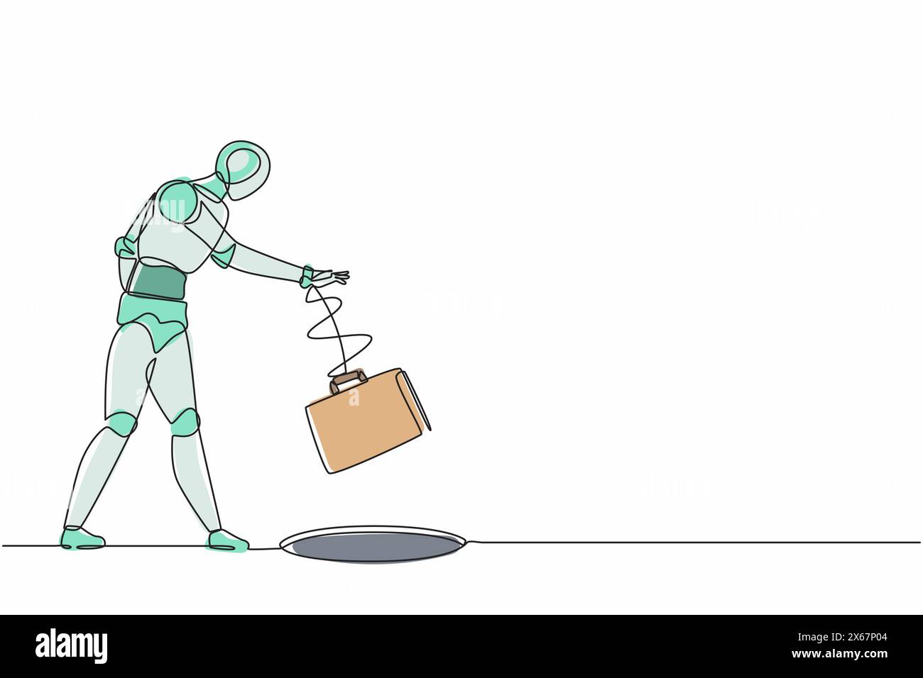 Ein einzelner Zeilenroboter wirft Aktenkoffer in das Loch. Technologische Entwicklung der Zukunft. Künstliche Intelligenz und maschinelles Lernen. Konti Stock Vektor