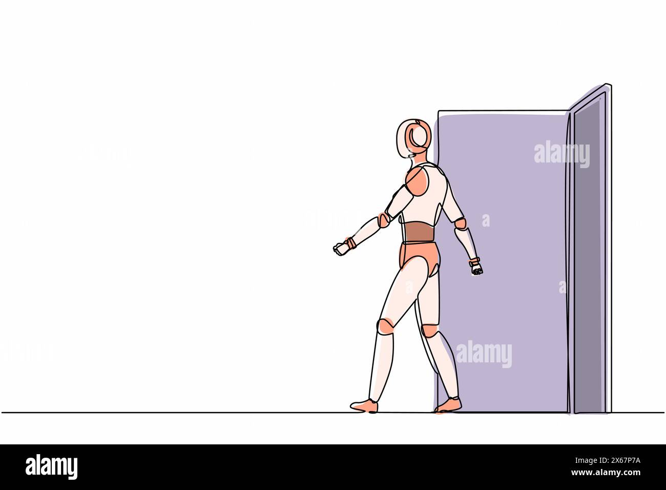 Einzelne, durchgehende Zeichnungsroboter gehen aus und verlassen die Bürotür. Robotik-Technologie der künstlichen Intelligenz. Elektronikindustrie Stock Vektor