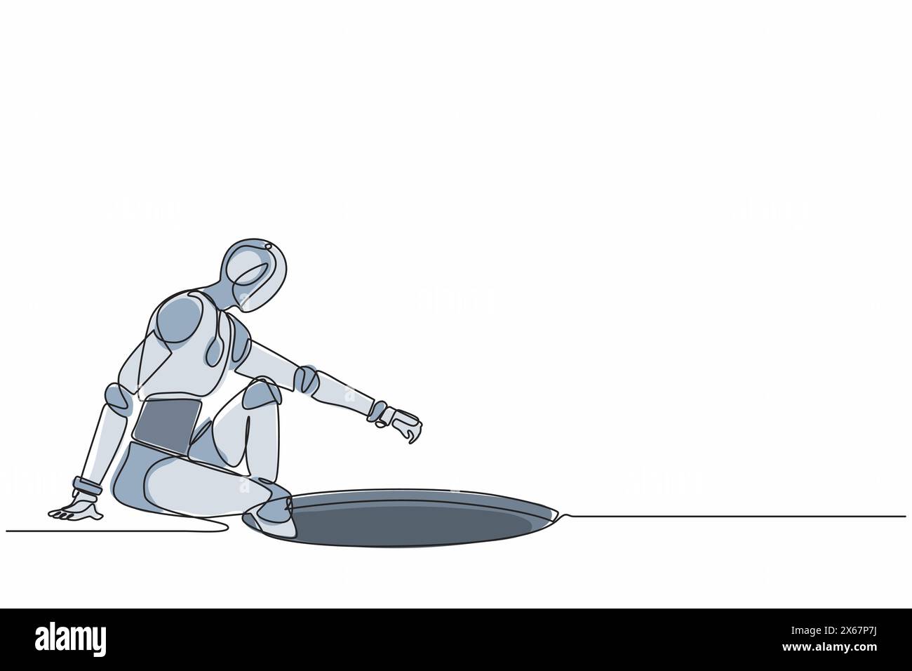 Ein einzelner Zeilenroboter senkt sich in die Bohrung ab. Technologische Entwicklung der Zukunft. Künstliche Intelligenz und maschinelles Lernen. Moderne Co Stock Vektor