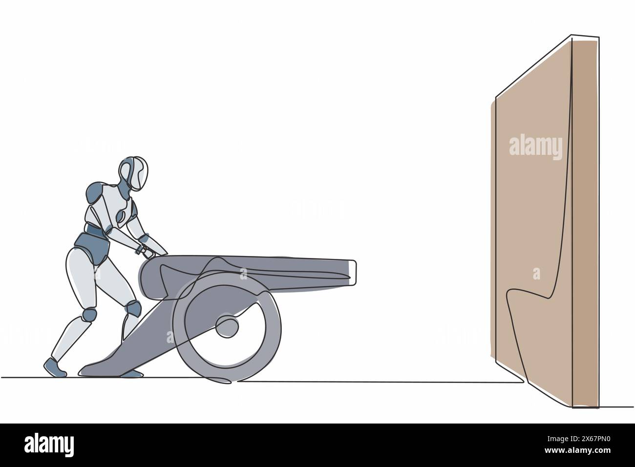 Ein einziger Zeichnungs-Roboter zündet Kanonen vor der Wand und will zerstören. Zukunftstechnologie. Künstliche Intelligenz und maschinelles Lernen. Co Stock Vektor