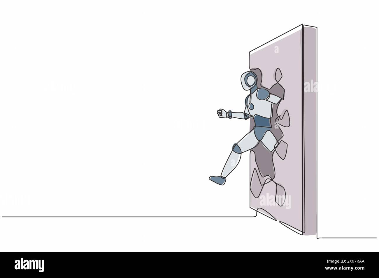 Ein einzelner Zeilenroboter läuft und bricht durch eine Ziegelwand. Technologische Entwicklung der Zukunft. Künstliche Intelligenz und maschinelles Lernen. Kontin Stock Vektor