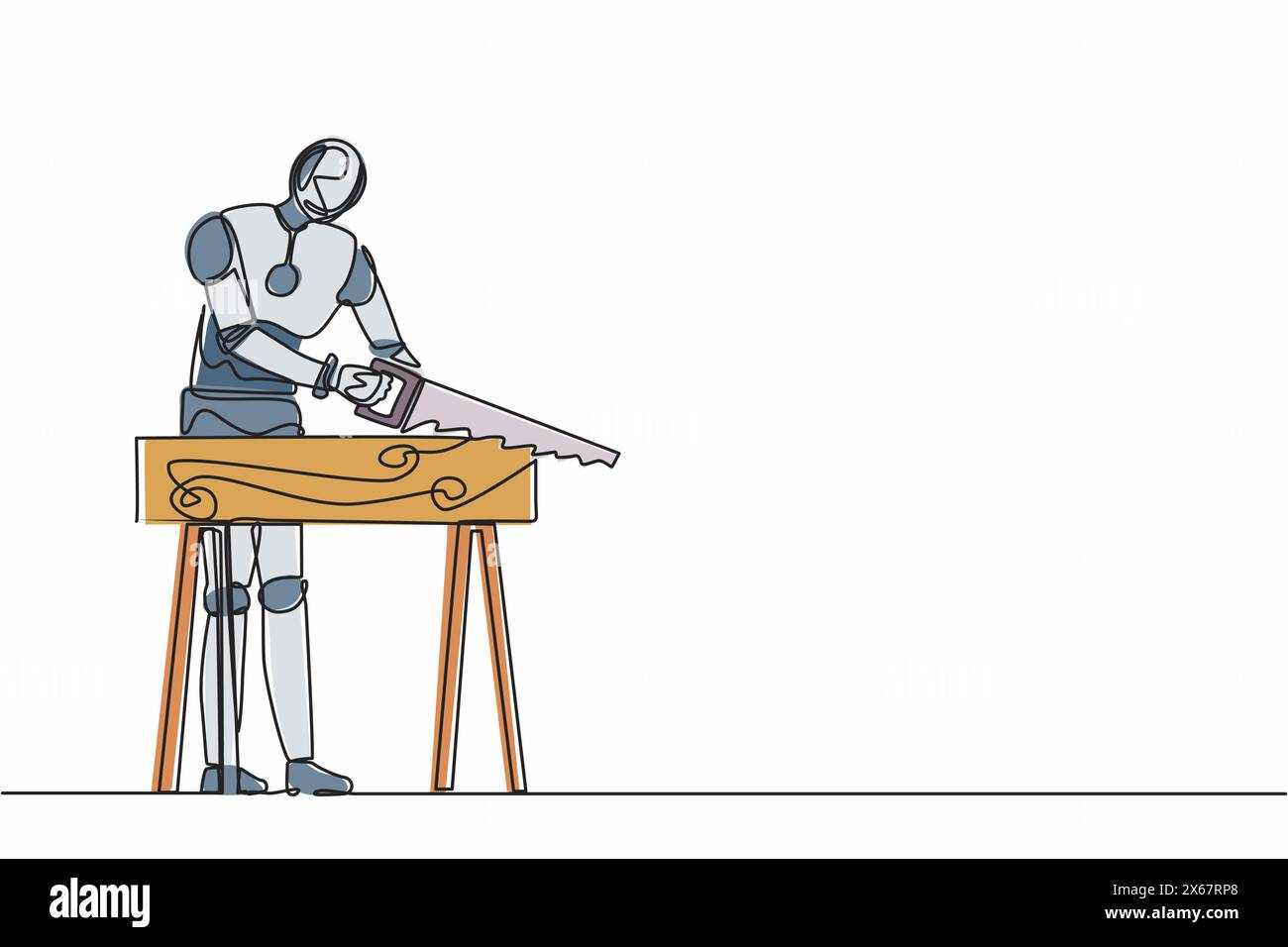 Einzeiliger Zeichnungs-Roboter, Werkstattmeister oder Zimmermann Sägebretter. Technologische Entwicklung der Zukunft. Künstliche Intelligenz maschinelles Lernen. Stock Vektor